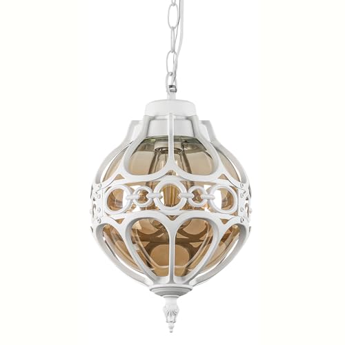 Retro Globe Outdoor Pendant Lights, White Aluminum Waterproof Hanging Light Fixture for Porch Entryway Hallway, Vintage Round Exterior Chandelier, Outside Pendant Lamp with Amber Glass