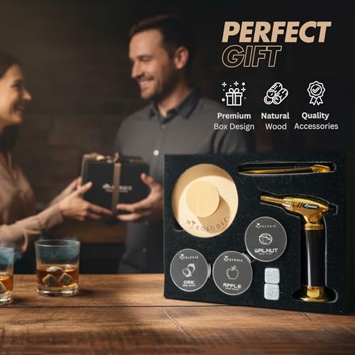 MIXOLOGIC Whiskey Smoker Kit with Torch, 6 Wood Chips, Ice Stones & Accessories, Old Fashioned Whisky Set, Cocktail Smoker for Drinks, Bourbon Infuser, Gift for Men, Husband, Dad (No Butane)