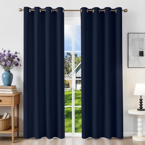 Runyéla Verdunklungsvorhänge mit Ösen Gardinen, Thermovorhang Hitzeschutz | 2er Set, H230xB120 Marineblau Vorhang Blickdicht, UV-Schutz Sichtschutz Schalldämmung Blackout für Schla