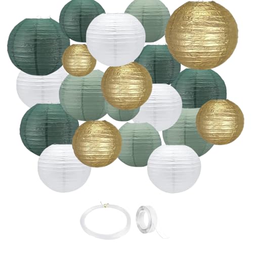 Tubos de papel verde sago, verde bosque, marfil y dorado, farolillos colgantes redondos de 15 cm a 30 cm con cinta adhesiva y cordón para motivos forestales, baby shower, bodas y celebraciones (verde)
