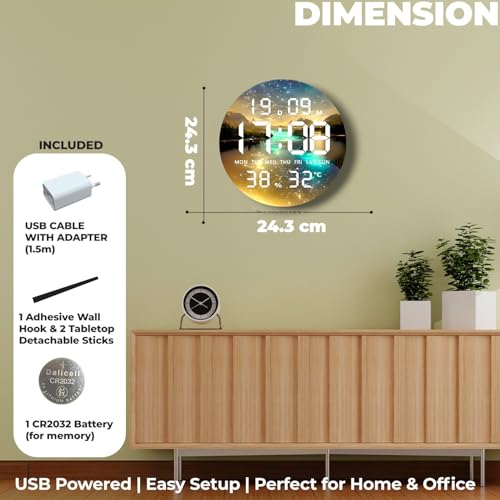 Image of Amazon Brand - Umi Acrylic Digital Wall Clock for Bedroom Living Room Stylish LED USB Tabletop 3D Picture Clocks with Time Day Date Month Temperature Display for Home Office 24.3x24.3cm (Waterway)
