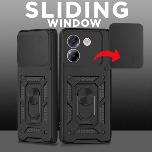 Image of Pikkme Back Cover for Poco M7 Pro 5G | D10 Tough Armor | 360 Protection Case | Sliding Camera Shield Cover & Ring Holder Stand Bumper Case (Black)