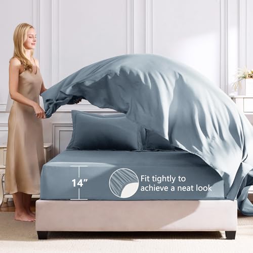 CozyLux King Size Comforter Set Dusty Blue - 7 Pieces Bed in a Bag King, Luxury Soft Bed Set for All Seasons, Bedding Set with Down Alternative Comforter, Sheets, Pillowcases & Shams, Grayish Blue