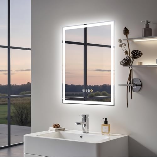Olyvren Beleuchteter Spiegel 45 x 60 cm, beleuchteter Badspiegel | LED-Spiegel mit Uhr, 3 einstellbare Lichtfarben, Anti-Beschlag-Funktion, dimmbare Helligkeit, Speicherfunktion, W
