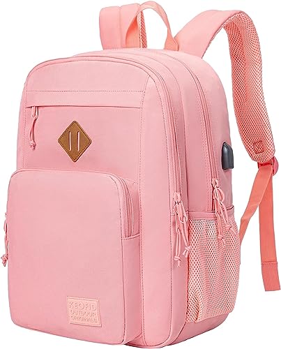 KEOFID Classic Travel Backpack for Men and Women, Anti Theft Laptop Backpack with USB Charging port, Large Bag for College(Pink)