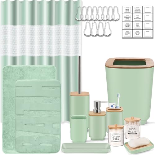 Bathroom Accessories Set,Green Bathroom Set,24 Pieces Bathroom Accessory Set with Shower Curtain,Trash Can for Bathroom Accessories DÃ©cor and Home Gifts