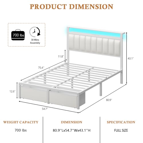 Image of Furnulem White Full Size Bed Frame with PU Upholstered Headboard, 2 Drawers