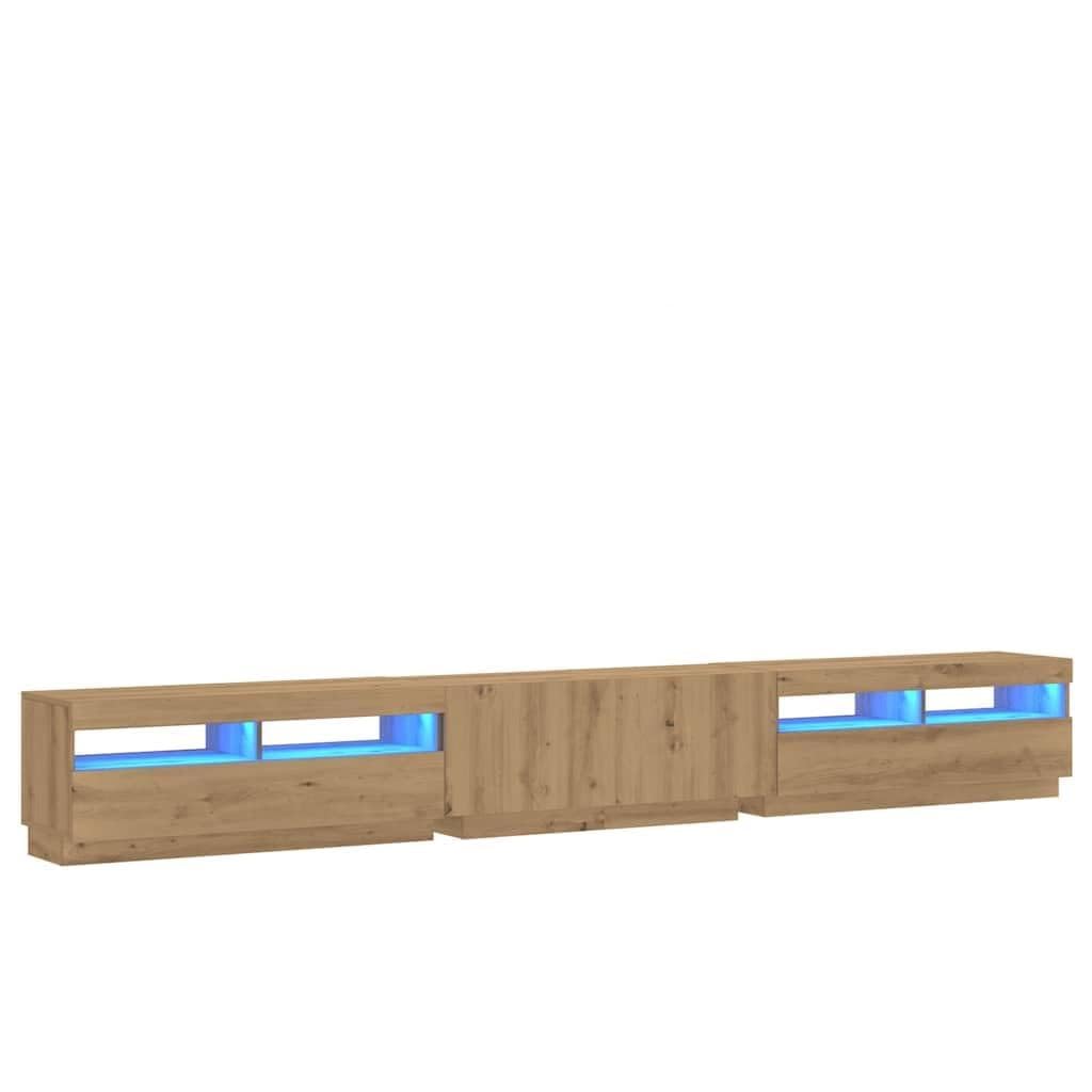 Mueble TV de 300 cm con Luz LED, Mueble TV Salón Aparador, Mesa TV Madera con Estantes - Roble Artisan - 300x35x40 cm