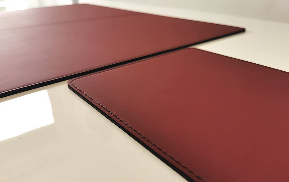 Gewinkelte Schreibtischunterlage mit Kantenschutz +Mauspad Echt Leder Rindsleder 70cm x 48cm Bordeaux Weinrot