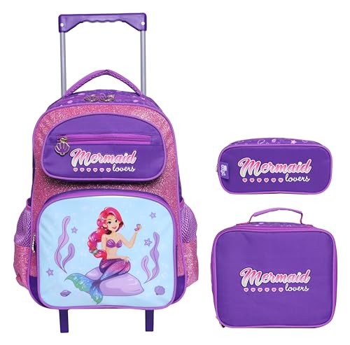 Kit Mochila Rodinha Lancheira Térmica Estojo Princesa do Mar YS42180 (Roxo)