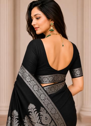 Image of Women's Glory Banarasi Satin Kanjivaram Saree Silver Zari Border Pure Soft Blend Silk Sari Kanchipuram Paithani Silk Party Wedding Festive New Ladies Sadi with Unstiched Blouse Piece.