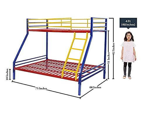Image of Metal Bunk Bed for Kids | Twin Over Twin Bunker Bed for Adults with Metal Bed Frame and Sturdy Guardrail | Bunk Bed for Home with Mattress Queen (Bottom) + Single (Top)