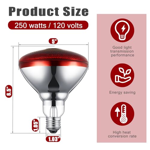 Image of VIHOSE 4 Pack Heat Lamp Bulbs, Red Infrared Bulbs 120 V, 250 Watt | Thickened Heat Lamp for Chickens, Food Service, Reptile, Pet, Bathroom, Light Therapy Use E26 Base