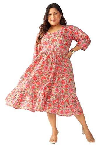Image of Janasya Women's Plus Size Pure Cotton Floral Printed Flared Dress