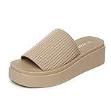 Rihero Women's Knit Platform Sandals Comfort Open Toe Slip On Chunky Slides Taupe Size 8.5