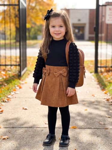 Image of Noubeau Toddler Girls Plaid Outfits Girls Puff Sleeve Knit Ribbed Shirt Tops Plaid Skirt Set Kids Fall Winter Clothes