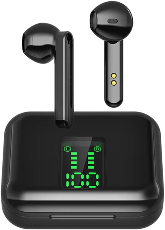 Fully Wireless Bluetooth 5.0 Rechargeable iPX5 Water & Sweat Proof Earbud Headphones w Microphone, Touch Controls, Smart LCD Charging Case, Surround Stereo Bass and Noise Cancelling (Black)…