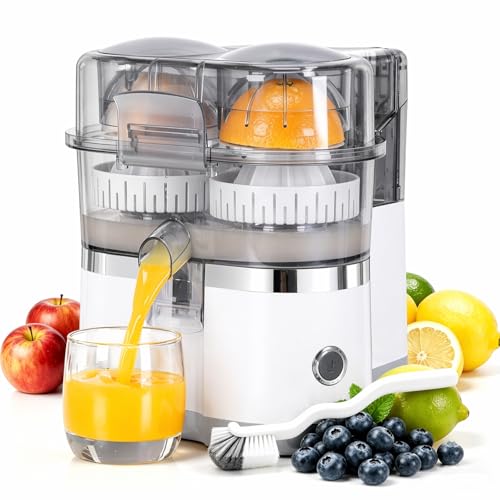 Exprimidor automático de doble cabeza, exprimidor eléctrico exprimidor naranja con funcionamiento de 1 botón, for naranja fresca, limón, lima, kiwi, pomelo(White)