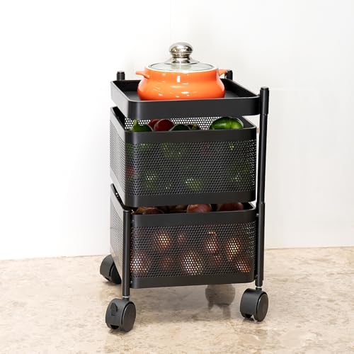 Kitchenwell Multi-Purpose Trolley Storage Organizer and Kitchen Accessories Items for Kitchen Storage Rack Square Design Fruits & Vegetable Onion Cutlery (Matt Black, 2 Layer Drawer)