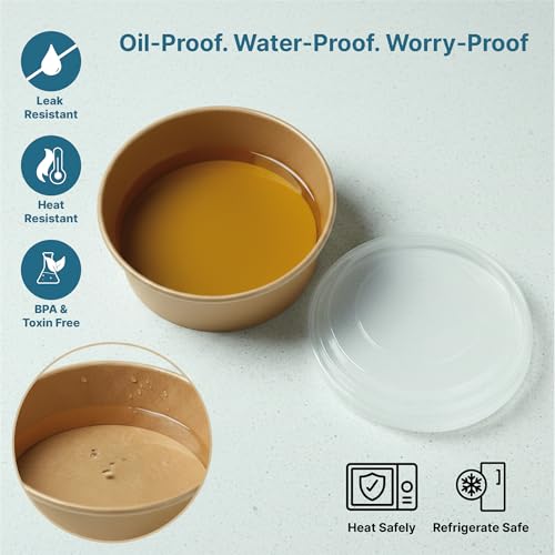 Image of Disposable Round Paper Container with Lids | Takeout Containers for Hot /Cold Foods, Soup, Salad, Dessert, Pasta, Noodles | Microwavable, Leak-Proof Food Storage Containers- 1300ml, 50 Pack