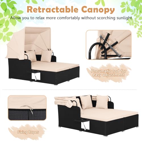 image for Tangkula Patio Rattan Daybed with Retractable Canopy, Outdoor Wicker S