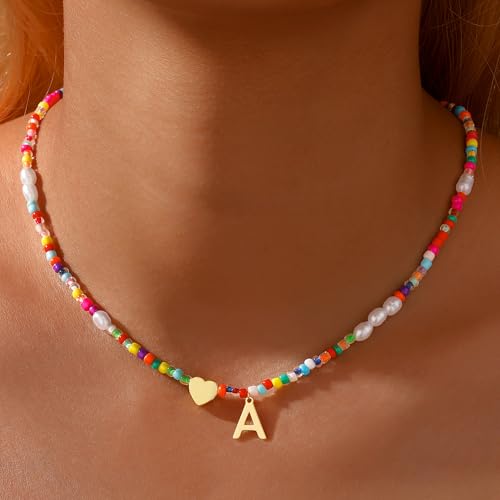 Initial Necklaces for Girls Gifts - Colorful Beaded Pearl Heart Initial Necklaces for Women Kids Teen Girl Gifts Trendy Stuff Cute Boho Choker Necklace for Girls Jewelry Birthday Gift2