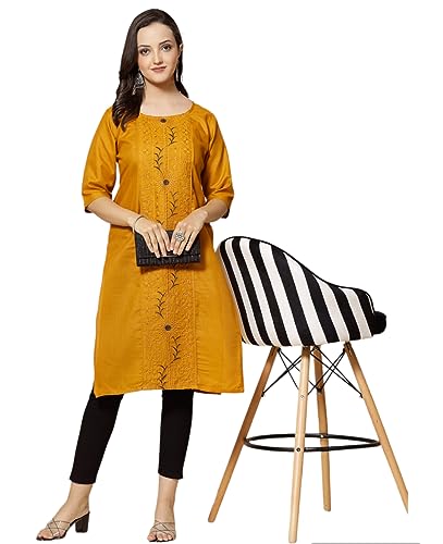 Image of Vinchic Women's Round Neck A-Line Cotton Embroidery Mustard Kurti | L | (EmbMustard01-L)