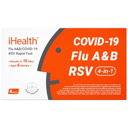 iHealth Flu A/B, COVID-19 & RSV 4-in-1 Antigen Rapid Test, Results in 15 Minutes, FDA Authorized OTC Home Test, Non-Invasive Nasal Swab, Easy to Use & No Discomfort (1 Pack, 4 Tests Total)