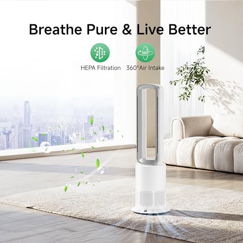 Image of Xcity TP09Pro Bladeless Tower Fan, 3-in-1 Air Purifier, Space Heater & Cooling Fan, Remote Control, HEPA H13 Filtration for Bedroom & Home Office Commercial, Silver & White