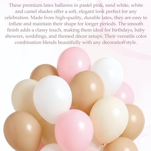 Image of Pink, white, sand white and camel balloon garland for birthday decoration, anniversary theme decoration