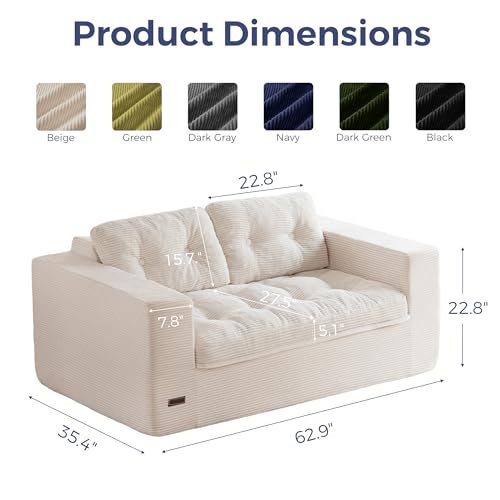 Image of MAXYOYO 63 inch Loveseat Sofa Couch for Small Spaces, Upholstered Boneless Cloud Couch for Apartment Bedroom, 2-Seater Love Seat Floor Modern Sofa with Pillows, No Assembly Required, Beige