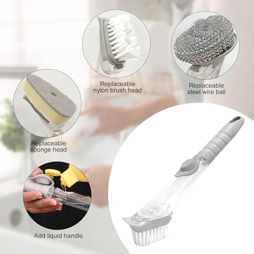 Image of Soap Dispensing Dish Brush, Soap Control Dishwand with 2 Sponge Heads 2 Replaceable Heads 2 Wire Ball Heads Handle Non-Scratch Brush Scrubber for Kitchen Dishes Pots Pans Sink Cleaning