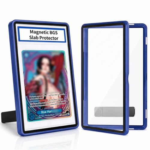 Magnetic BGS Slab Protector with Foldable Kickstand - UV Protection Tempered Glass & Aluminum Metal Bumper for 35PT Beckett Graded Cards 9-Point Secure Lock Display Guard & Clear View (Dark Blue)
