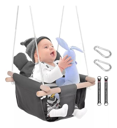 La mejor comparación de Columpios . 46 FINYQBET Columpio para Bebé de Lona con Cinturón de Seguridad, Cojín Extraíble y Soporte de Madera, Uso Interior y Exterior, Hamaca Portátil para Niños de 6 Meses a 3 Años,...