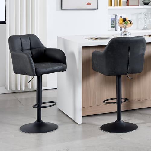 Butacos giratorios de barra, set de 2 unidades, estilo moderno, tapizados en cuero sintético, altura ajustable de 24 a 33 pulgadas, con reposabrazos y reposapiés, para isla de cocina/barra/comedor/bistró, gris oscuro miniatura 6