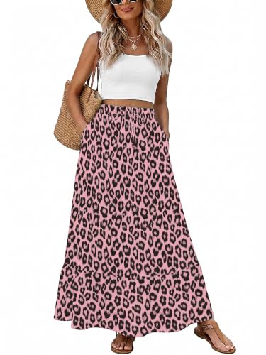 Heymoments Maxi Skirts for Women Pink Leopard Medium High Waisted Flowy 2026 Fall Trendy A Line Summer Cute Pleated Dressy Casual Fairy Boho Teacher Holiday Beach Vacation Long Skorts with Pockets