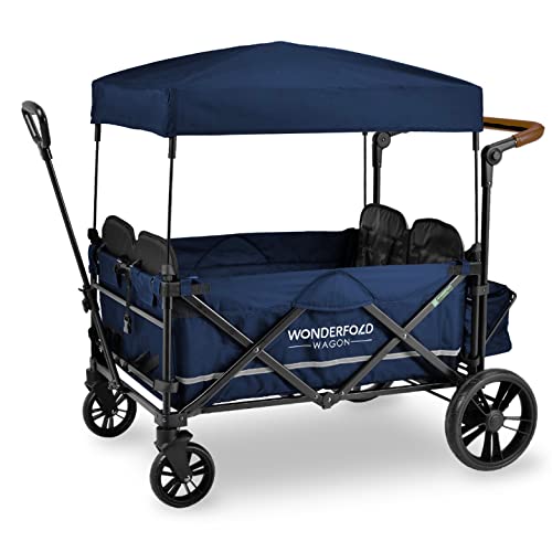 WONDERFOLD X4 Push & Pull Quad Stroller Wagon (4 Seater) Featuring Seats with 5-Point Harnesses, Adjustable Push Handle, and Adjustable/Removable UV-Protection Canopy, Sapphire Navy