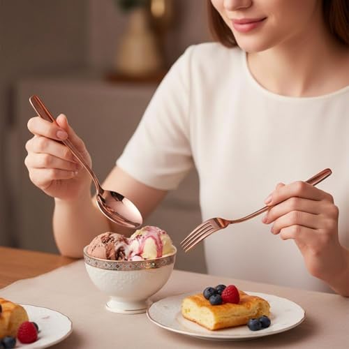 Image of 12-Pcs. Rose Gold Cutlery Set - Luxury Stainless Steel Flatware Service for 6 with 6 Dinner Spoons & 6 Dinner Forks - Titanium PVD Coated Mirror Finish - Dishwasher Safe Silverware