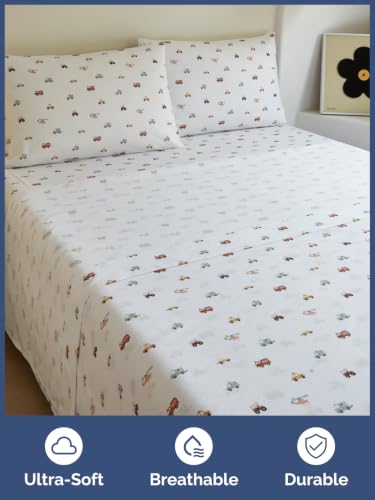 Image of Kids Queen Size Car Bed Sheets - 4 Piece Kids Car Sheet Set - Speedy Vehicle Bedding - Ultra-Soft, Cute & Cozy - Breathable & Machine Washable - Wonderful Fun Bed Set for Boys, Girls, Teens & Toddlers