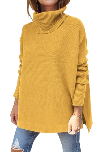 Image of LILLUSORY Women's Turtleneck Oversized Sweaters Long Batwing Sleeve Spilt Hem Tunic Pullover Knit Tops