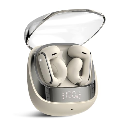 Image of Clip On Ear buds, Open Ear Headphones, Bluetooth 5.4 HiFi Stereo Clip Earbuds, 42H, LED Display Wireless EarBuds, Comfortable Lightweight, IP7 Waterproof Earphones, Earbud for Workout Running, White