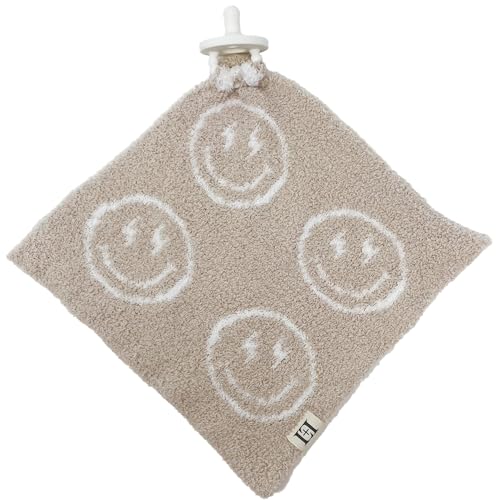 Image of L+L USA Smiley Face Baby Lovey Pacifier /Teether Holder 10 inchx10 inch - DreamSoft Plush Fluffy Cuddly Soothie Reversible Mini Comfort Blanket - Cute Newborn Gift Essential Babies Boys Girls (Tan /White)