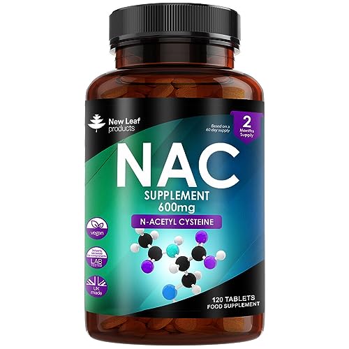 NAC N-Acetyl-Cysteine 600mg (per serving) N-Acetyl Cysteine Nutritional Supplements 120 NAC Tablets - Nac Supplement High Bioavailability Amino Acid - Vegan Friendly - Made in UK by New Leaf