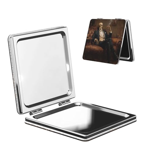 Vendhui Skeleton Wearing A Suit Sat On Sofa Travel Makeup Mirror Double-Sided Portable Compact Makeup Mirror Pocket Magnifying Pu Leather Travel Mirror for Daily Work Business Square
