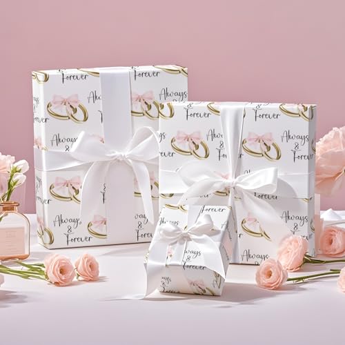 RUSPEPA Hochzeits-Geschenkpapierrolle, Mini-Rolle, rosa Schleifen und goldene Ringe mit „Always & Forever“-Schriftzug, elegantes Geschenkpapier für Hochzeiten, Jubiläen und Brautpartys, 43,2 cm x 5 m