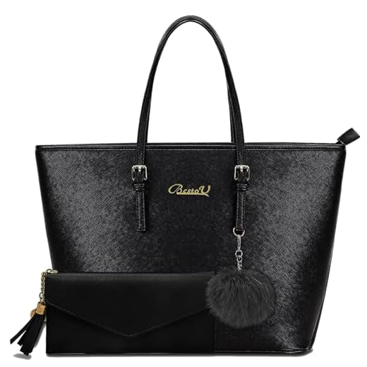 BestoU Sac a Main Femmes Noir PU Cuir Sac à Bandoulière D'épaule Fourre-Tout Portefeuille Sac 2pcs