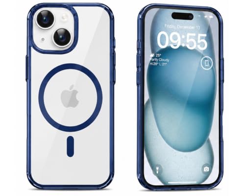 Image of Elzzi Translucent Clear Back Cover Compatible with iPhone 15, PC Shockproof Scratch Resistant, Non-Yellowing, Support Mag-Safe Wireless Magnetic Charging Case - Blue