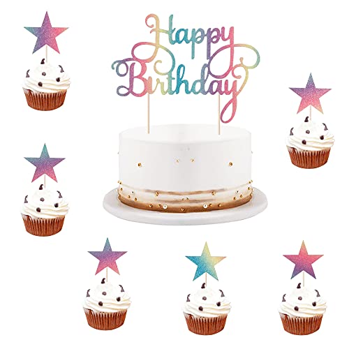 Lveud Set Of 7 Pieces Color Flash Happy Birthday Cake Toppe ，Happy Birthday Cake Topper And Pentacle Cake Topper-Birthday Cake Decorations (1) #TOP1