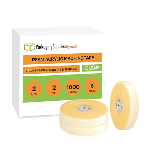 PSBM Machine Length Packing Tape, 2 Inch x 1000 Yards, 6 Rolls, 2 Mil, Clear Packaging Tape for Shipping Sealing Boxes