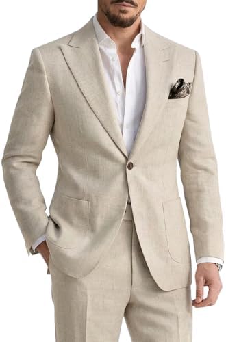 Men's 2 Pieces Linen Suits Casual Lightweight Summer Beach Groom ...